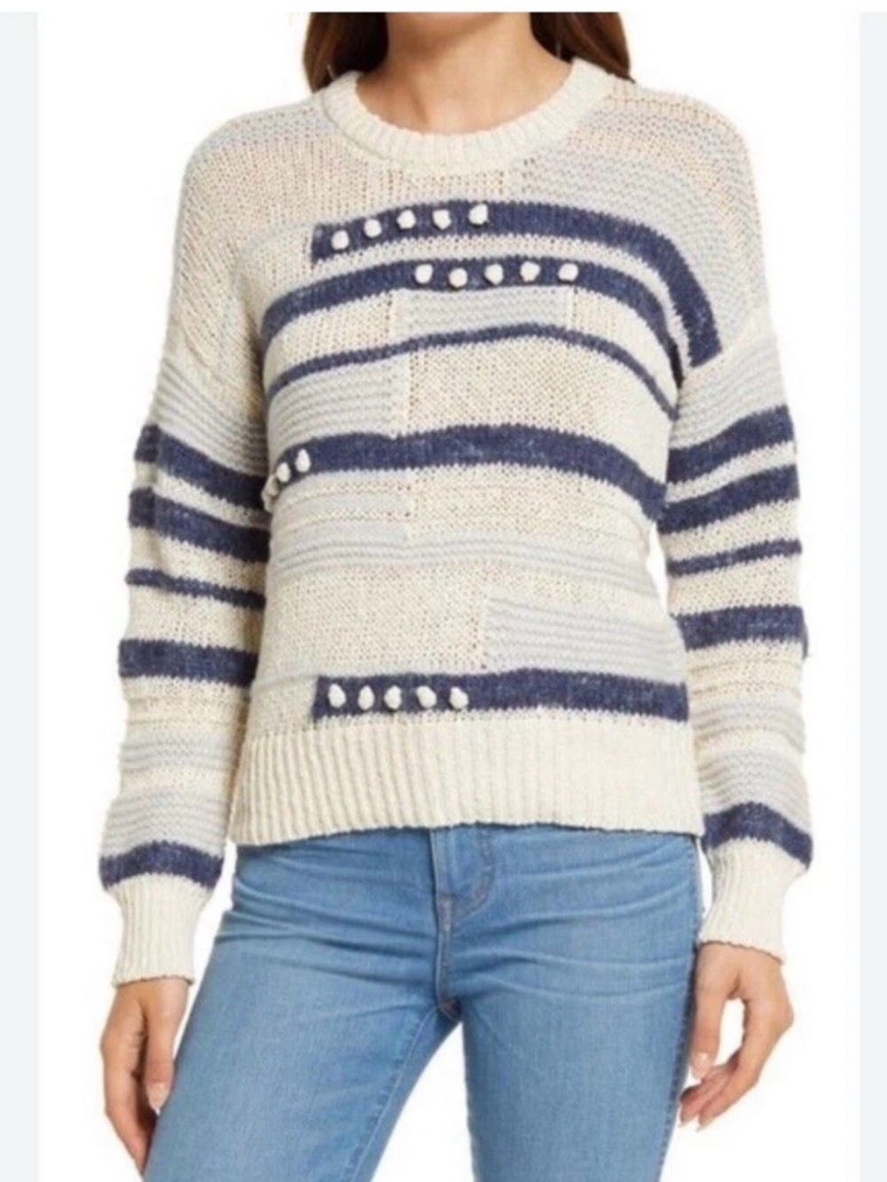 Madewell Ivory and Navy Stripe Crewneck Sweater